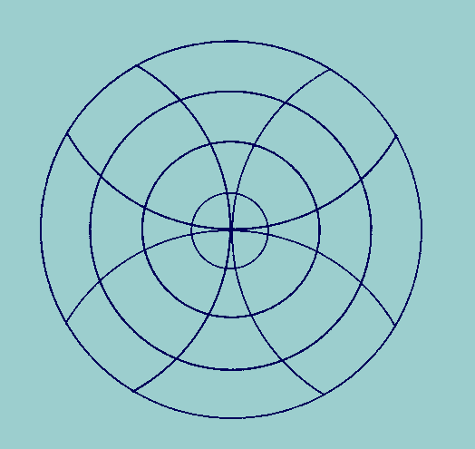 This is a diagram composed of four concentric            circles, spaced equally --- this defines three concentric rings            and a central circle.  This structure is further modified by the            addition of four arcs of radius equal to the outermost circle,            all intersecting at the center of the diagram in tangent to the            vertical and horizontal --- effecting four vesicas in the            diagram in the four quarters.